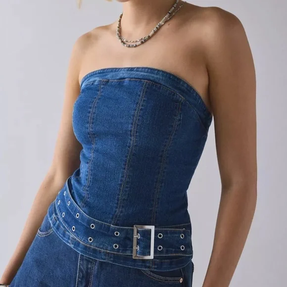 Silence+Noise Mia Belted Buckle Denim Tube Top Urban Outfitters Size Small Y2K - Picture 3 of 12